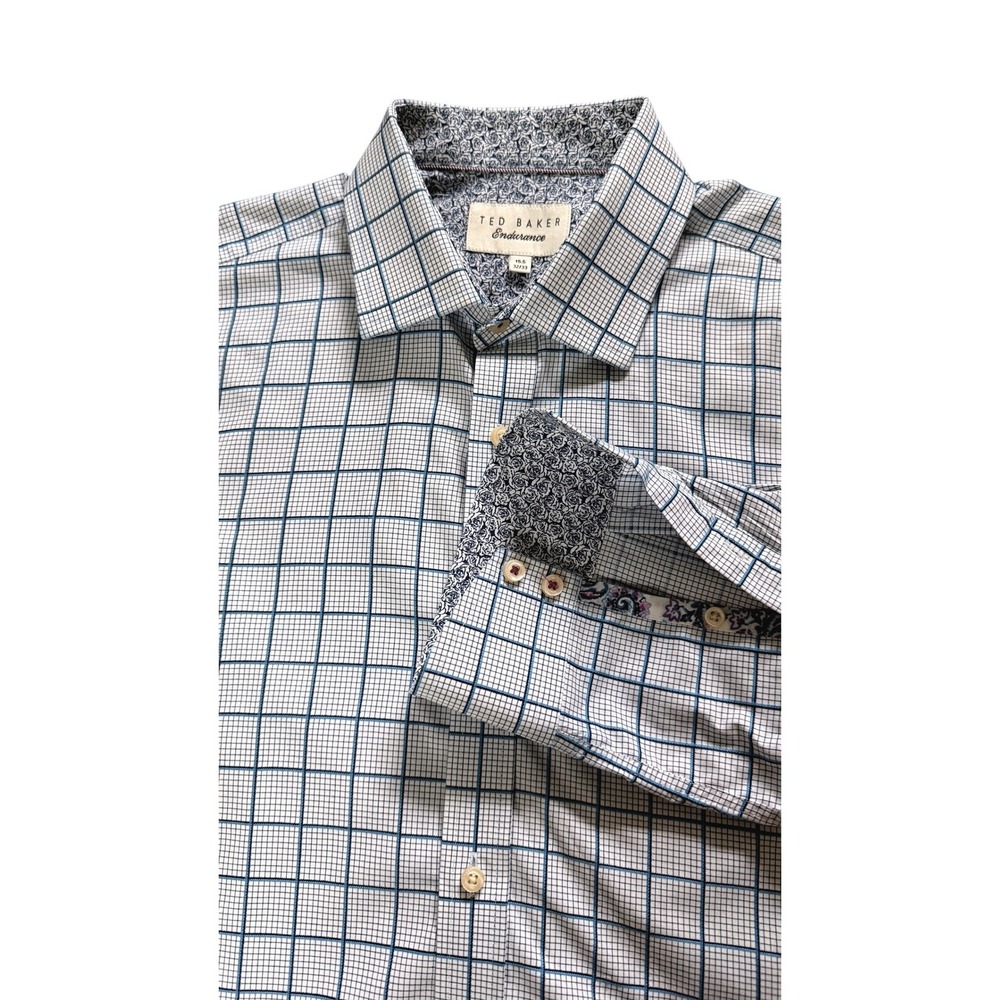 Ted Baker Endurance Dress Shirt Blue White Grid Check Floral Trim 15.5 32/33